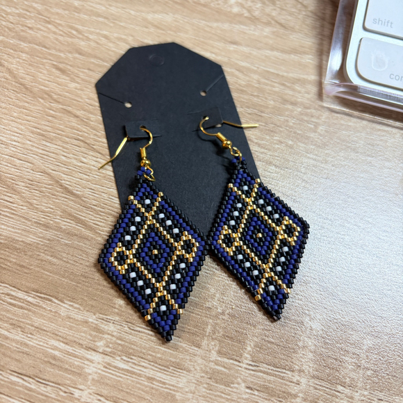 Hand Beaded Diamond Drop Earrings in Blue and Gold, Native American Style, - Picture 9 of 9